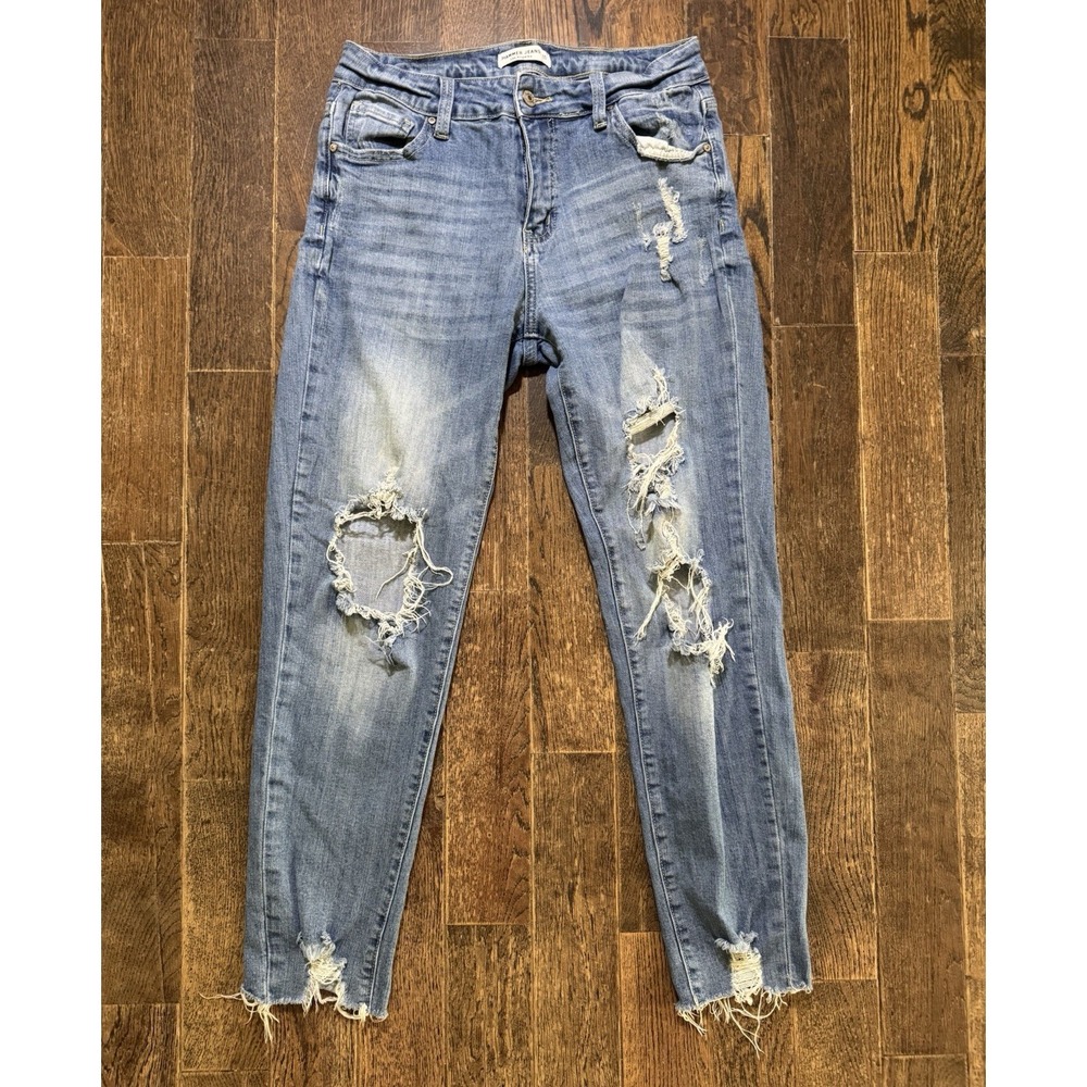 Hammer Distressed Jeans Womens 11โ Juniors Blue Excellent Raw Hem Mid Rise